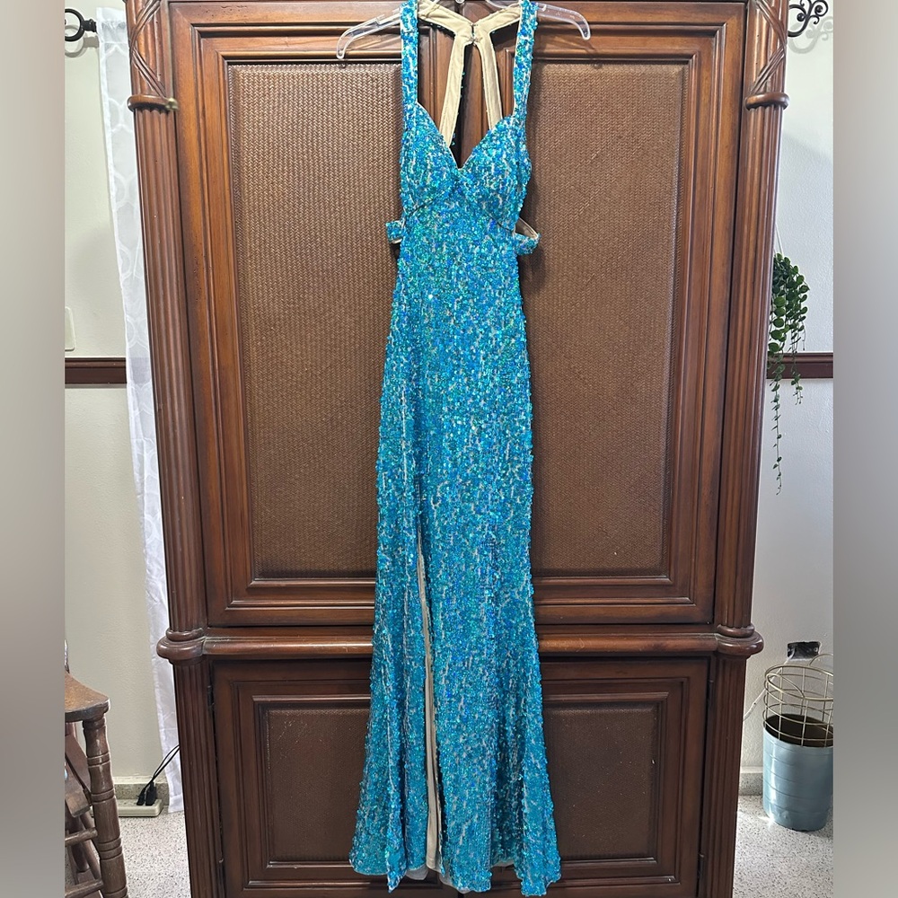 Adrianna Papell Turquoise Sequin Gown